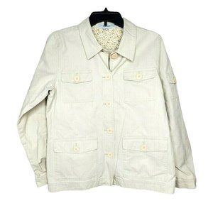 Izod Beige Khaki 5 Cargo Pocket Embroidered Button Up Women Medium Shirt Jacket 
